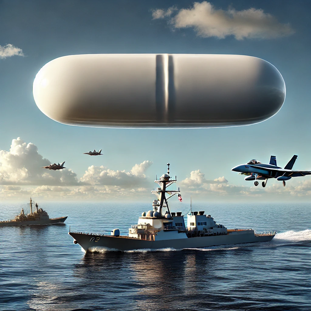 Dall·e 2024 10 18 23.39.12 A Photo Realistic Scene Showing A Tic Tac Shaped Ufo, Smooth And Featureless, Approximately 40 Feet In Length, Flying Over The Ocean. The Object Looks