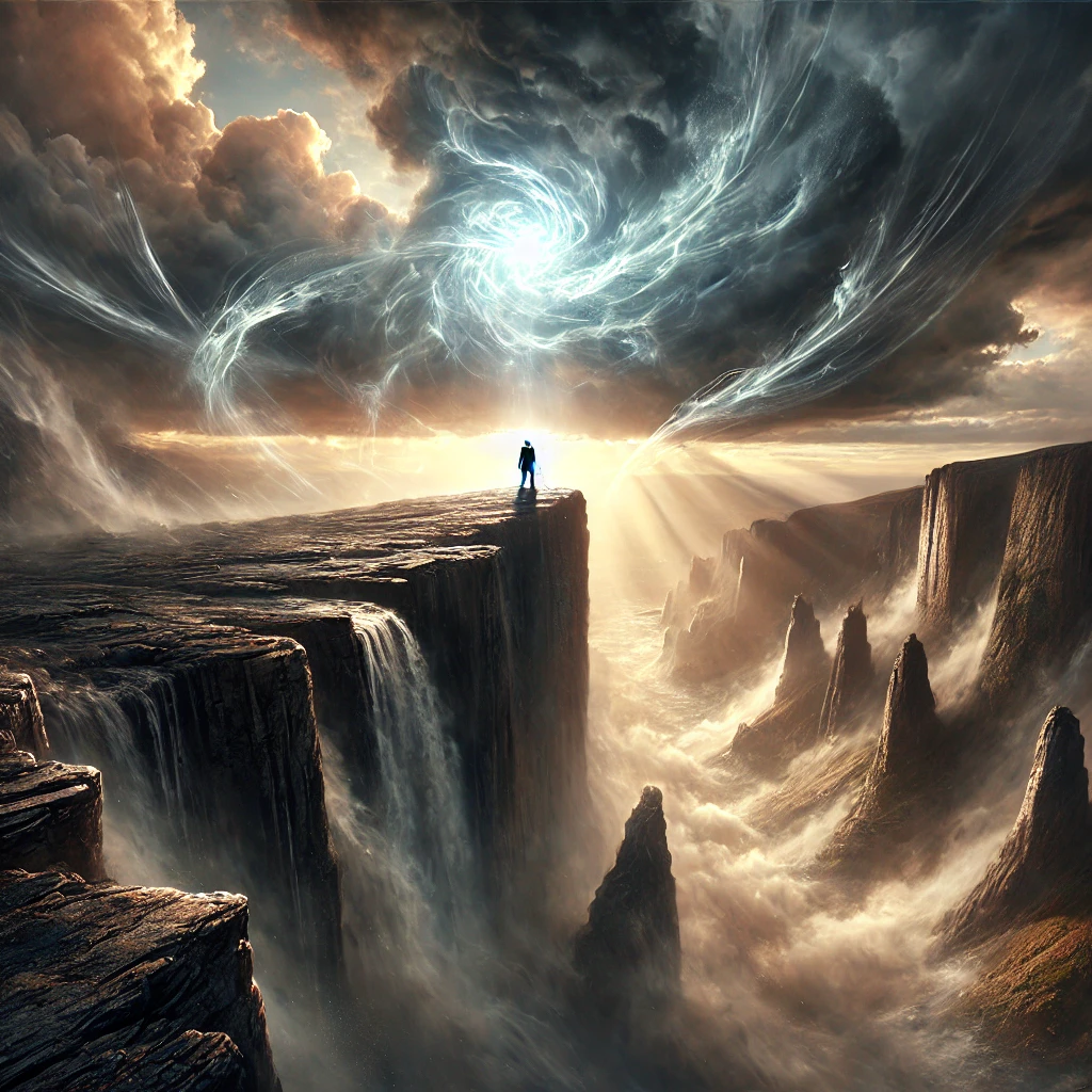 Dall·e 2024 10 17 14.58.48 A Photorealistic Image Representing The Concept 'be Bold And Mighty Forces Will Come To Your Aid.' The Scene Should Depict A Lone Figure Standing At T