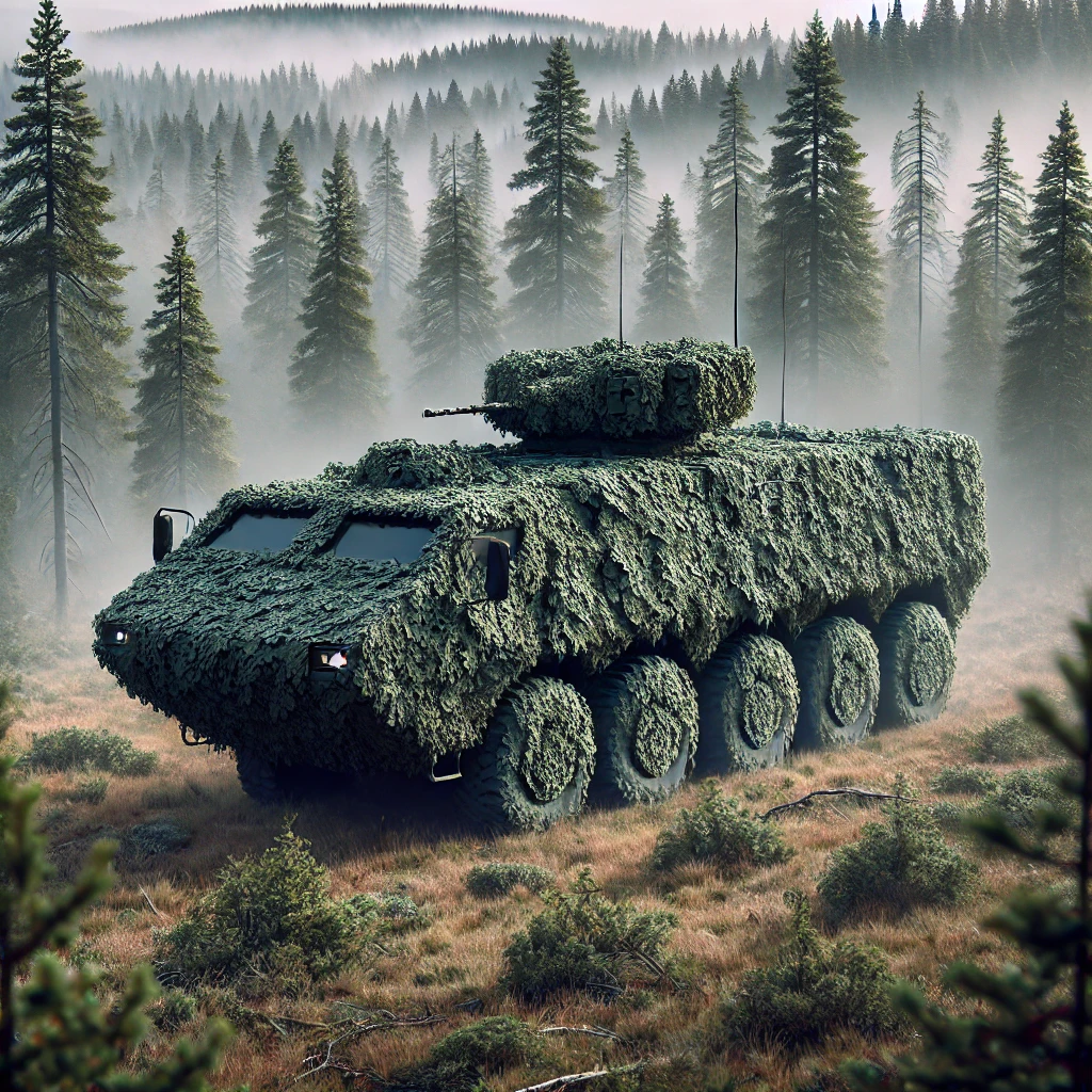 Dall·e 2024 10 24 15.12.26 A Military Vehicle Cloaked In Cutting Edge Camouflage Technology, Blending Seamlessly Into A Dense Forest Environment. The Vehicle Uses Adaptive Techn