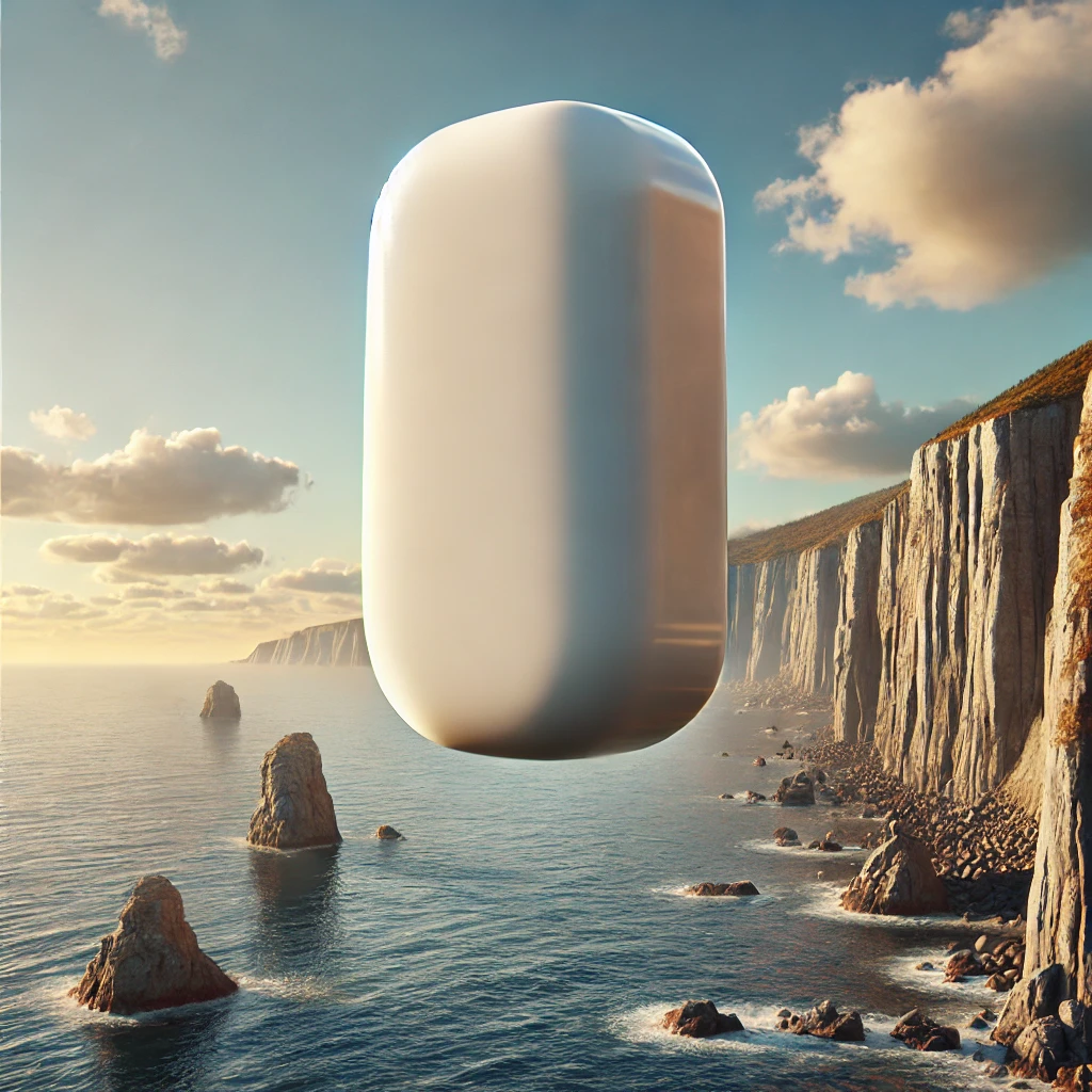 Dall·e 2024 10 22 13.26.58 A Photorealistic Image Of A Large White Tic Tac Candy Flying Horizontally Above The Ocean, Completely Smooth And Seamless With No Visible Seams Or Log