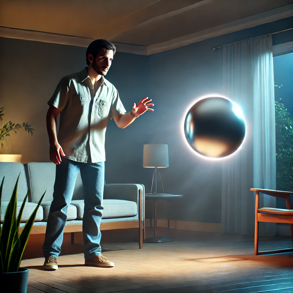 Dall·e 2024 10 23 10.46.30 A Photo Realistic Scene Depicting Juanito Juan, A Man In A Casual Outfit, Interacting With A Small Metallic Sphere Hovering In Mid Air Inside His Home