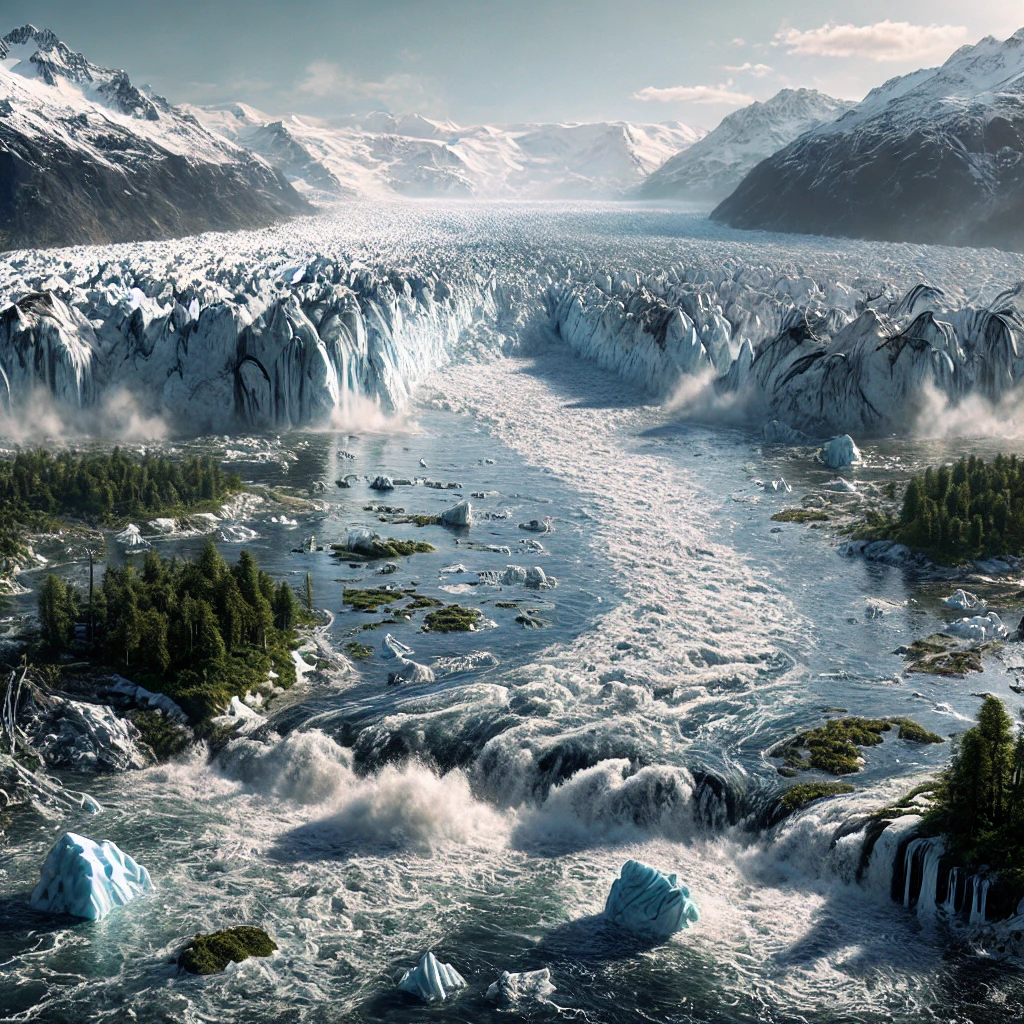 Dall·e 2024 10 08 09.16.11 A Photorealistic Depiction Of The Meltwater Pulse 1b Event, With Massive Glaciers Melting Into Rapidly Rising Floodwaters. The Scene Focuses On Floodi