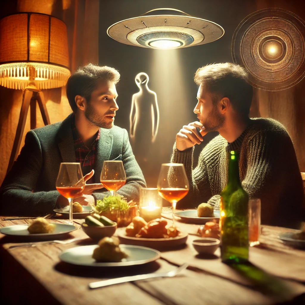 Dall·e 2024 10 29 17.50.49 A Cozy, Intimate Dinner Setting Featuring Two Male Friends Engaged In Conversation At A Rustic Wooden Table. The Atmosphere Is Warm And Inviting, With