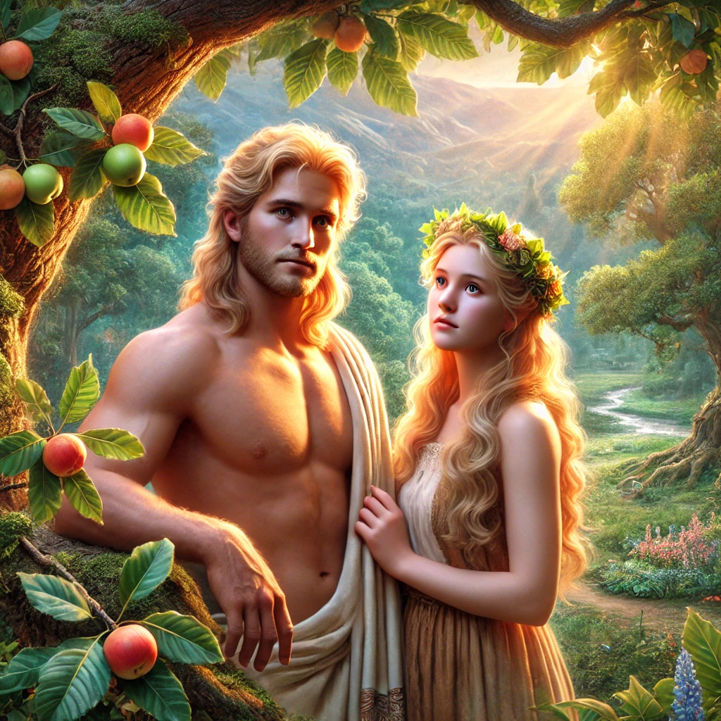 Dall·e 2024 10 29 23.37.56 A Photo Realistic Depiction Of Adam And Eve In A Lush, Idyllic Garden Setting, Inspired By The Garden Of Eden. Adam Is Portrayed As A Strong, Early Hu