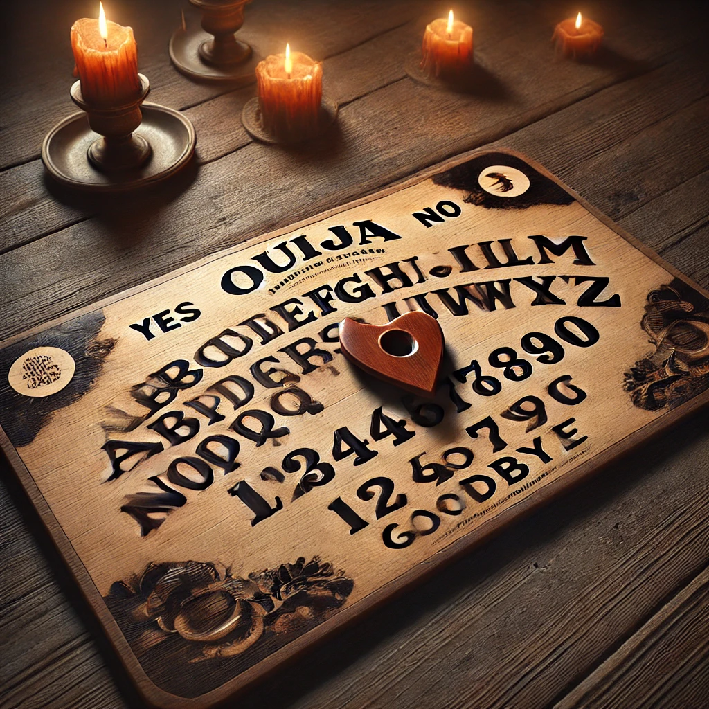 Dall·e 2024 10 28 23.46.42 A Highly Detailed And Photorealistic Image Of An Authentic Ouija Board, Accurately Depicting The Traditional Layout. The Board Features The Full Alpha