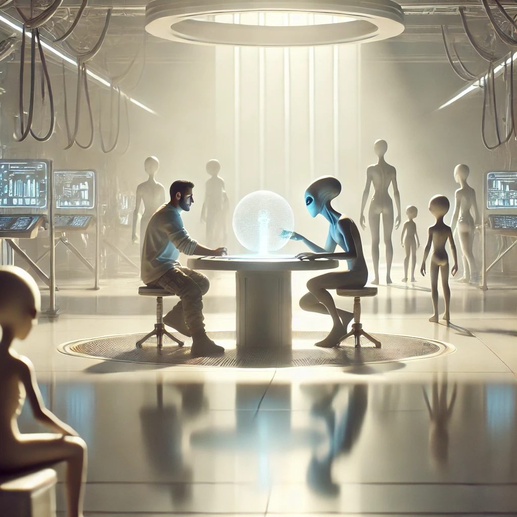 Dall·e 2024 10 29 11.22.18 A Highly Detailed And Photo Realistic Image Of Humans And Extraterrestrial Beings Working Together In A Futuristic, Peaceful Setting. The Focus Is On