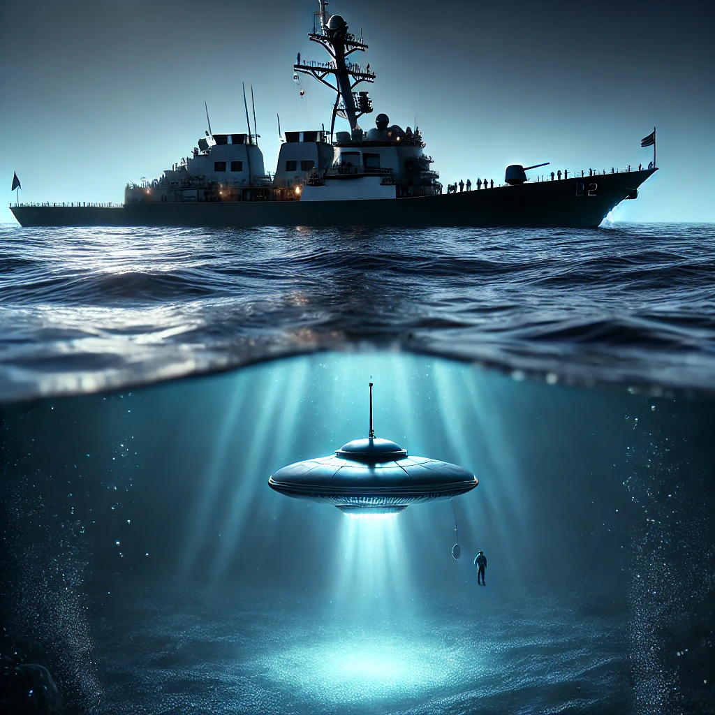 Dall·e 2024 10 22 15.14.02 A Photorealistic Image Of A Navy Ship Floating On The Ocean's Surface Above, With A Mysterious Unidentified Submersible Object (uso) Below The Water.