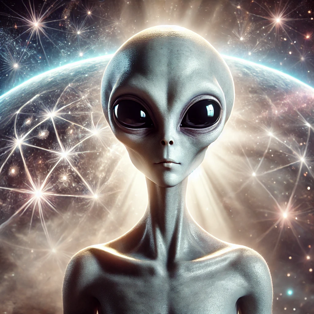 Dall·e 2024 10 03 11.29.40 A Photo Realistic Depiction Of A Typical Grey Alien As Seen In Both Dmt Experiences And Ufo Abductions. The Alien Has A Large, Smooth Head With Promin