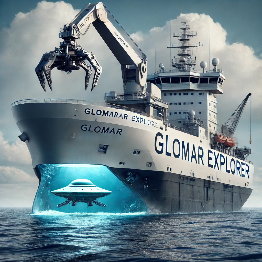 Dall·e 2024 10 03 23.57.35 A Realistic Image Of The Glomar Explorer, A Massive Deep Sea Vessel Designed For Covert Operations. The Ship Is Floating In The Ocean Under A Partly C