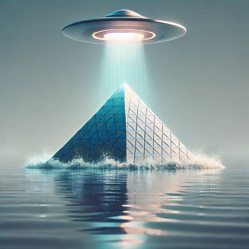 Dall·e 2024 10 19 23.16.51 A Detailed Image Of A Pyramid Shaped Ufo Emerging From A Calm Ocean Surface. The Pyramid Is Rising Out Of The Water With Minimal Splash, Symbolizing A