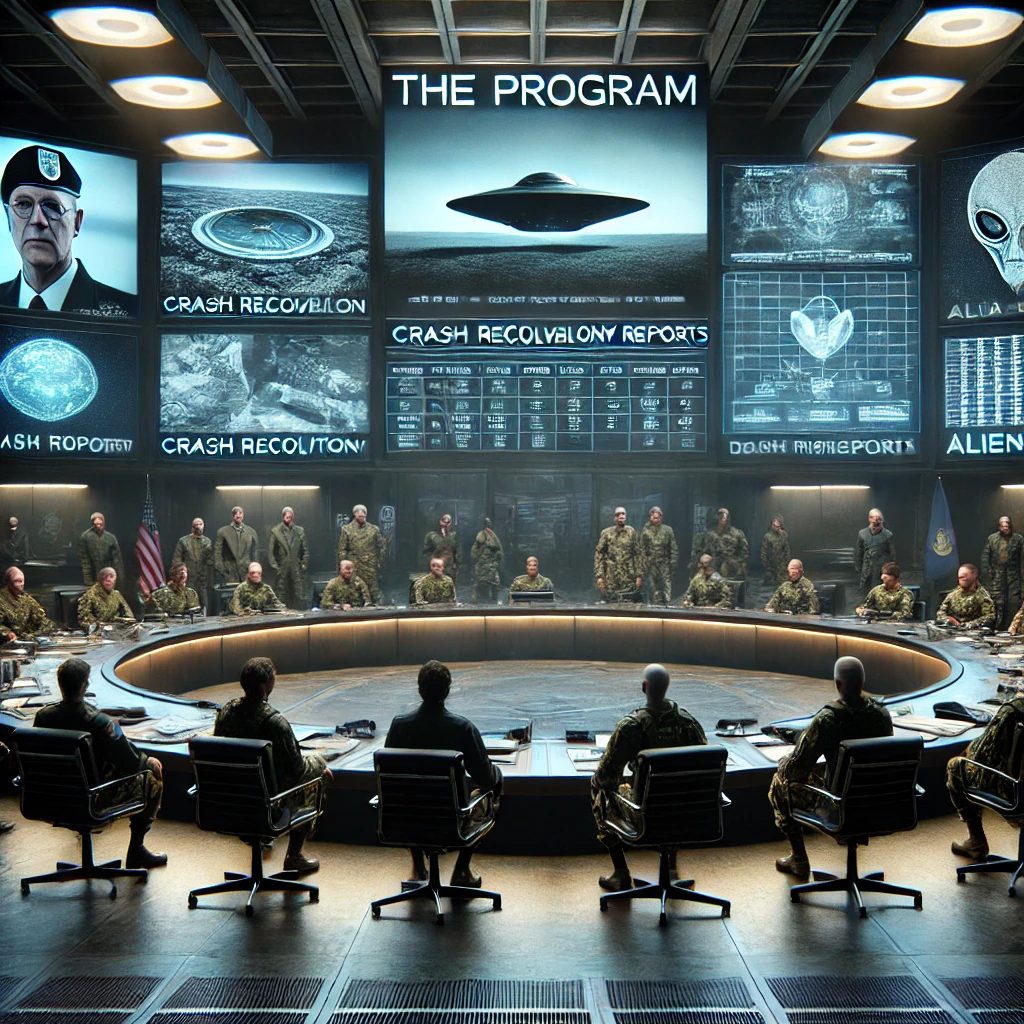 Dall·e 2024 10 04 11.33.07 A Photorealistic Scene Inspired By 'the Program' Documentary, Featuring A High Tech Government Meeting Room. The Room Has Large Screens Displaying Ufo