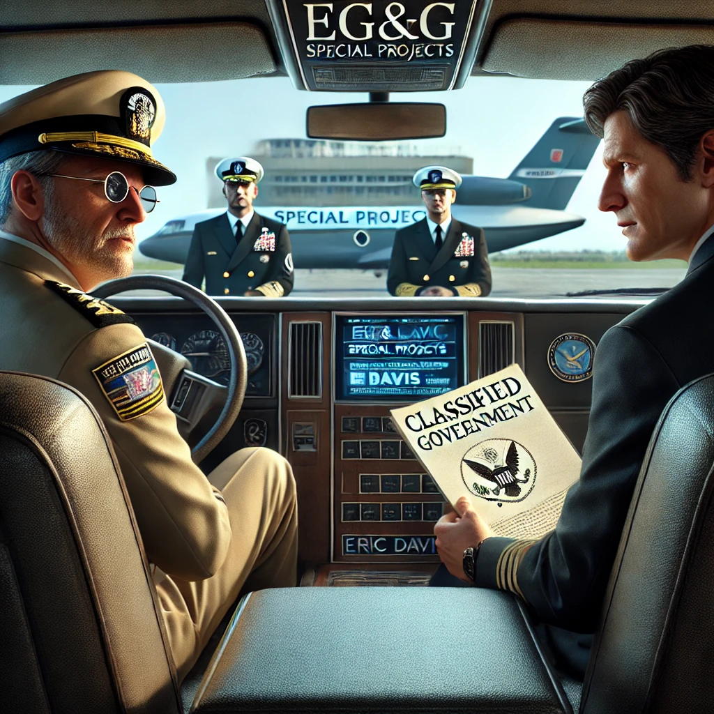 Dall·e 2024 10 01 00.59.28 A Photorealistic Image Depicting A Classified Government Meeting From The Early 2000s. The Setting Is Inside A Car, With Admiral Thomas Wilson In A Ci