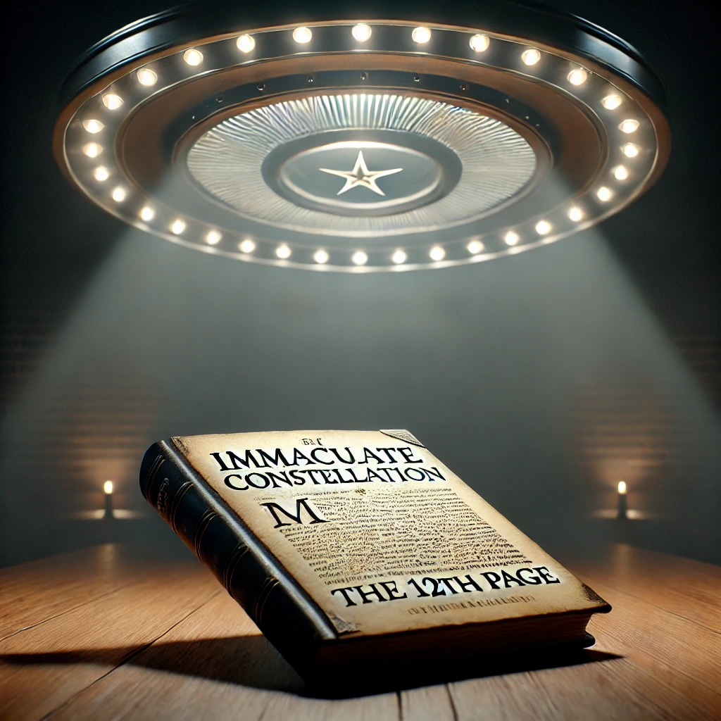 Dall·e 2024 11 22 23.49.09 A Photorealistic Depiction Focusing On A Manuscript On A Wooden Table Under A Dimly Lit Ufo Style Spotlight. The Manuscript Is Labeled 'immaculate Con