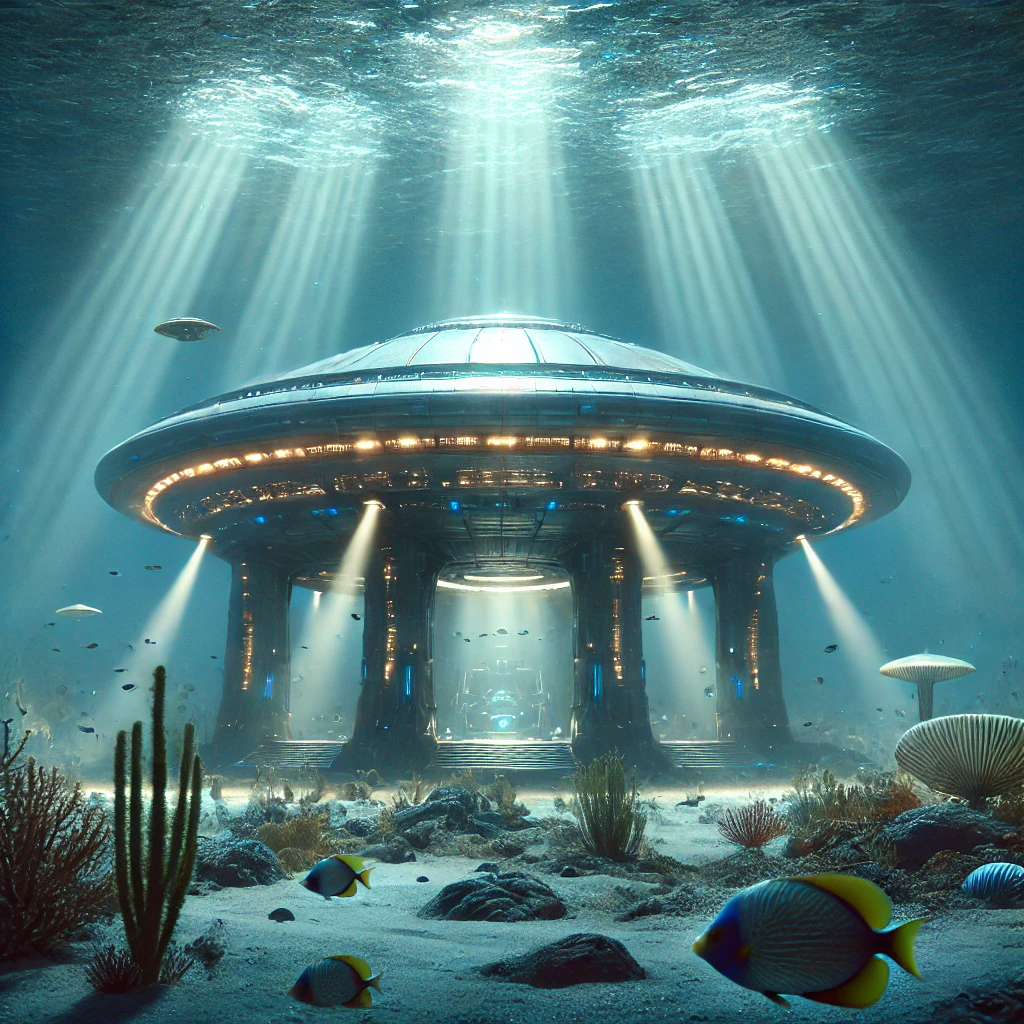 Dall·e 2024 11 22 15.44.01 A Photo Realistic Depiction Of An Underwater Alien Base Inspired By Ufo Theories. The Scene Shows A Mysterious Structure On The Ocean Floor With Glowi