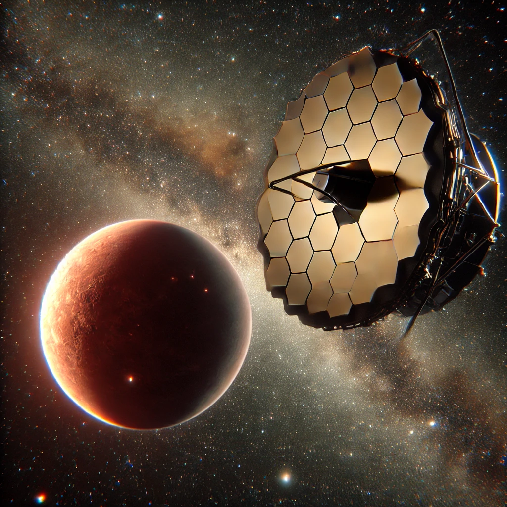 Dall·e 2024 11 24 00.31.47 A Photorealistic Depiction Of The James Webb Space Telescope Observing The Trappist 1 System. The Focus Is On A Rocky Exoplanet Orbiting A Dim Red Dwa