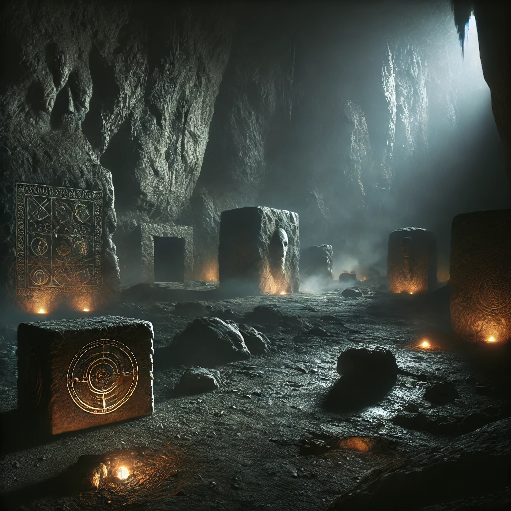 Dall·e 2024 11 11 00.34.55 A Photo Realistic Scene Inspired By Themes From 'caverns, Cauldrons, And Concealed Creatures'. Show A Mysterious Underground Realm With Dim, Eerie Lig