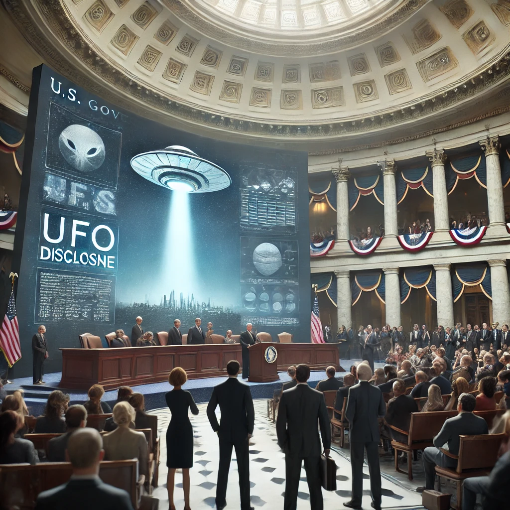 Dall·e 2024 11 14 10.53.27 Create A Photorealistic Image Depicting A Congressional Setting Where U.s. Government Officials, Military Personnel, And Ufo Disclosure Advocates Are