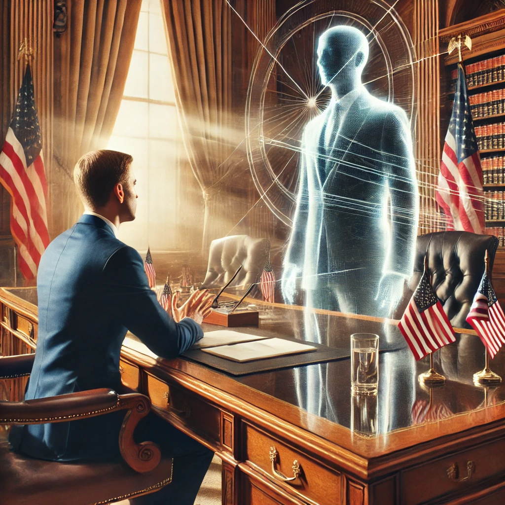 Dall·e 2024 11 20 10.38.49 A Photorealistic Image Of A U.s. Congressman In Discussion With A Figure Resembling A U.s. President In A Professional Setting. The Setting Includes A