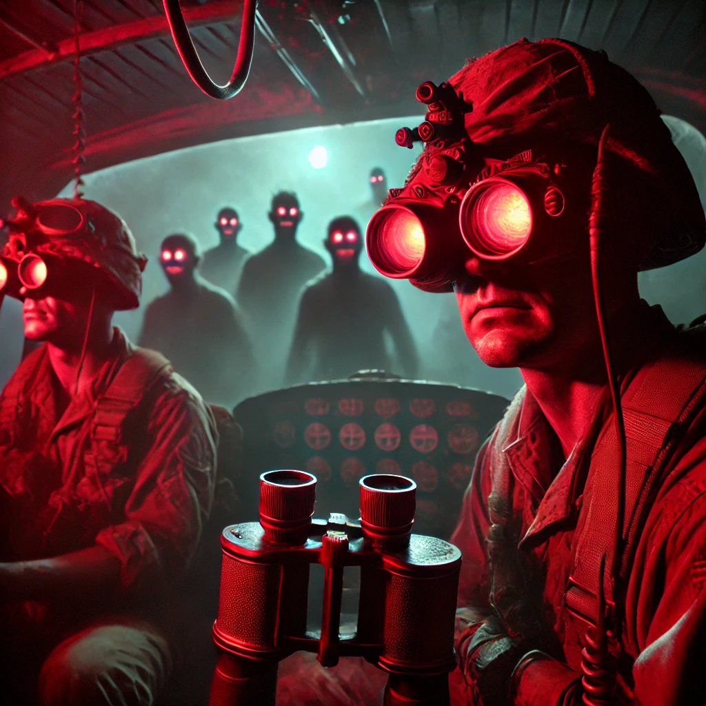 Dall·e 2024 11 11 10.59.08 A Photorealistic Scene Of Vietnam War Era Soldiers Inside A Helicopter, Using Night Vision Goggles That Emit A Red Hue. Through The Goggles, Eerie, Sh