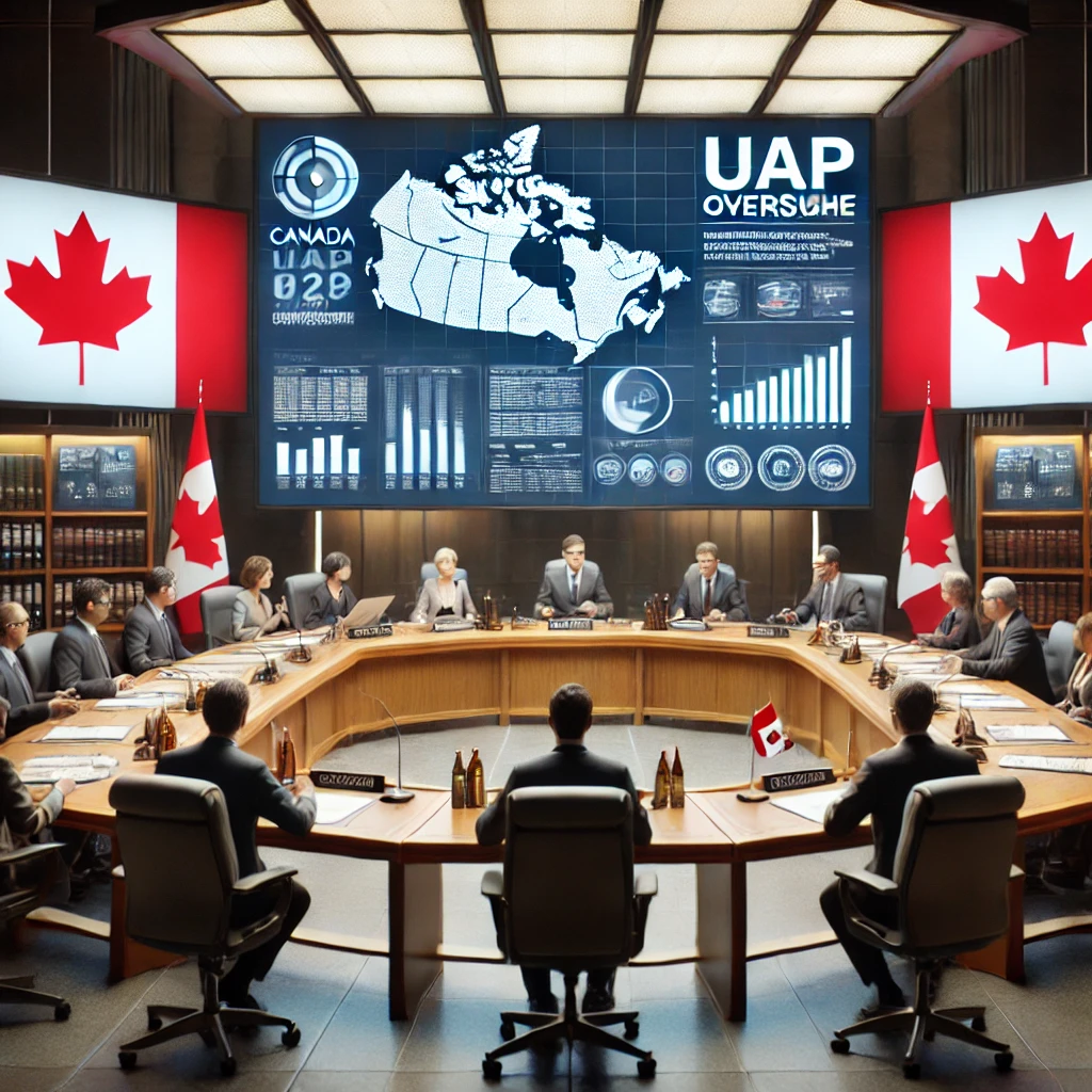 Dall·e 2024 11 21 17.00.58 A Photorealistic Representation Of A Canadian Government Setting Discussing Uap Oversight. The Scene Features A Modern Parliamentary Room With Officia