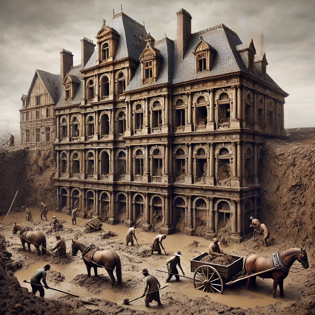 Dall·e 2024 11 05 12.00.38 A Photorealistic Scene Of People In A Historical Setting Digging Out Buried, Grand Old World Buildings From Mud Using Only Horse Drawn Carts, Shovels,