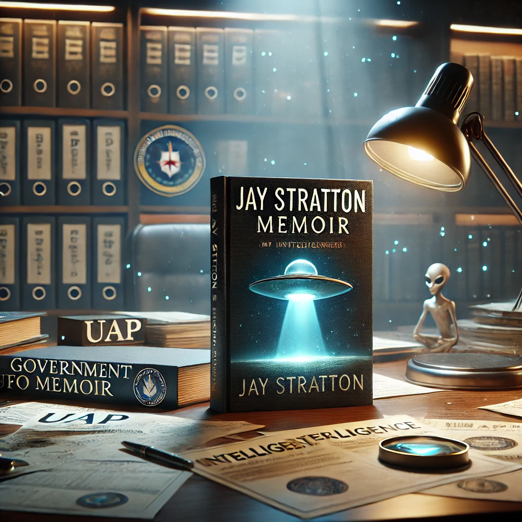 Dall·e 2024 11 21 12.43.48 A Photorealistic Image Of Jay Stratton's Upcoming Memoir Context, Showing A Desk With Government Files, Uap Documents, And A Mysterious Glowing Artifa