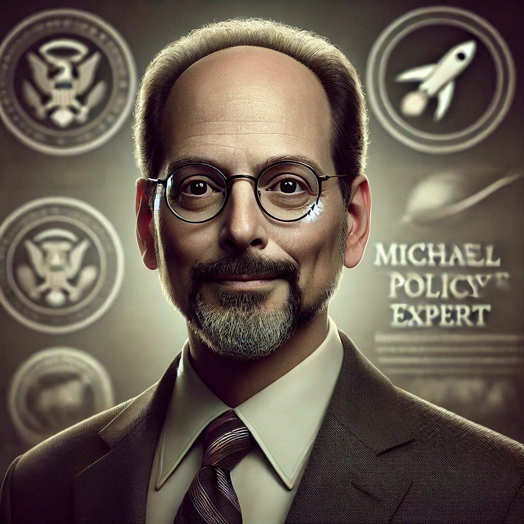 Dall·e 2024 11 08 15.27.02 Create A Photorealistic Portrait Of Michael Gold, An Aerospace Policy Expert, Who Is Slightly Balding, Wearing Oval Shaped Glasses And A Goatee, In A