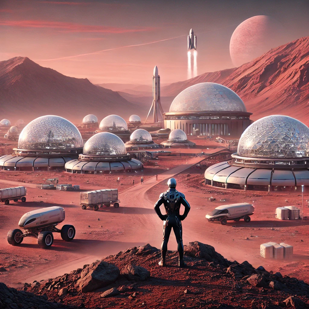 Dall·e 2024 11 08 11.20.18 A Photo Realistic Depiction Of A Futuristic Martian Colony With Advanced Structures And Domes On A Rugged Martian Landscape, Under A Pinkish Martian S