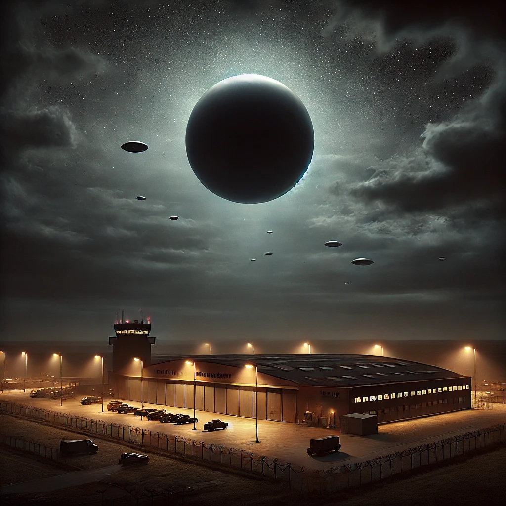 Dall·e 2024 11 26 16.23.00 A Photo Realistic Image Depicting A Nighttime Scene At Raf Lakenheath With A Dramatic Sky. The Setting Includes A Military Base Perimeter With Faintly