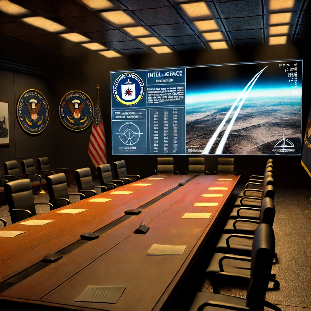 Dall·e 2024 11 12 12.45.20 A Photo Realistic Image Depicting A U.s. Government Intelligence Briefing Room With A Large Screen Displaying High Resolution Satellite Imagery Of A F