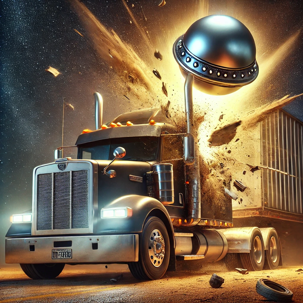 Dall·e 2024 11 02 00.33.43 A Dramatic Scene Depicting A Small Spherical Ufo Crashing Into The Cab Of A Large Rig Truck. The Truck Is In The Foreground, With The Impact Clearly V