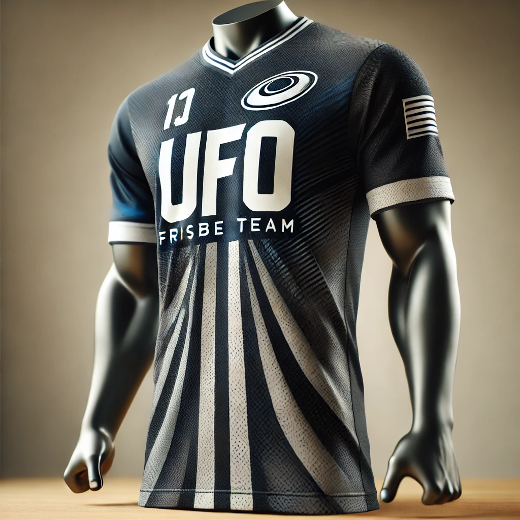 Dall·e 2024 11 19 15.15.51 A Photorealistic Image Of An Athletic Jersey For A Sports Team, Featuring The Word 'ufo' Prominently On The Front. The Jersey Is Designed For A Frisbe