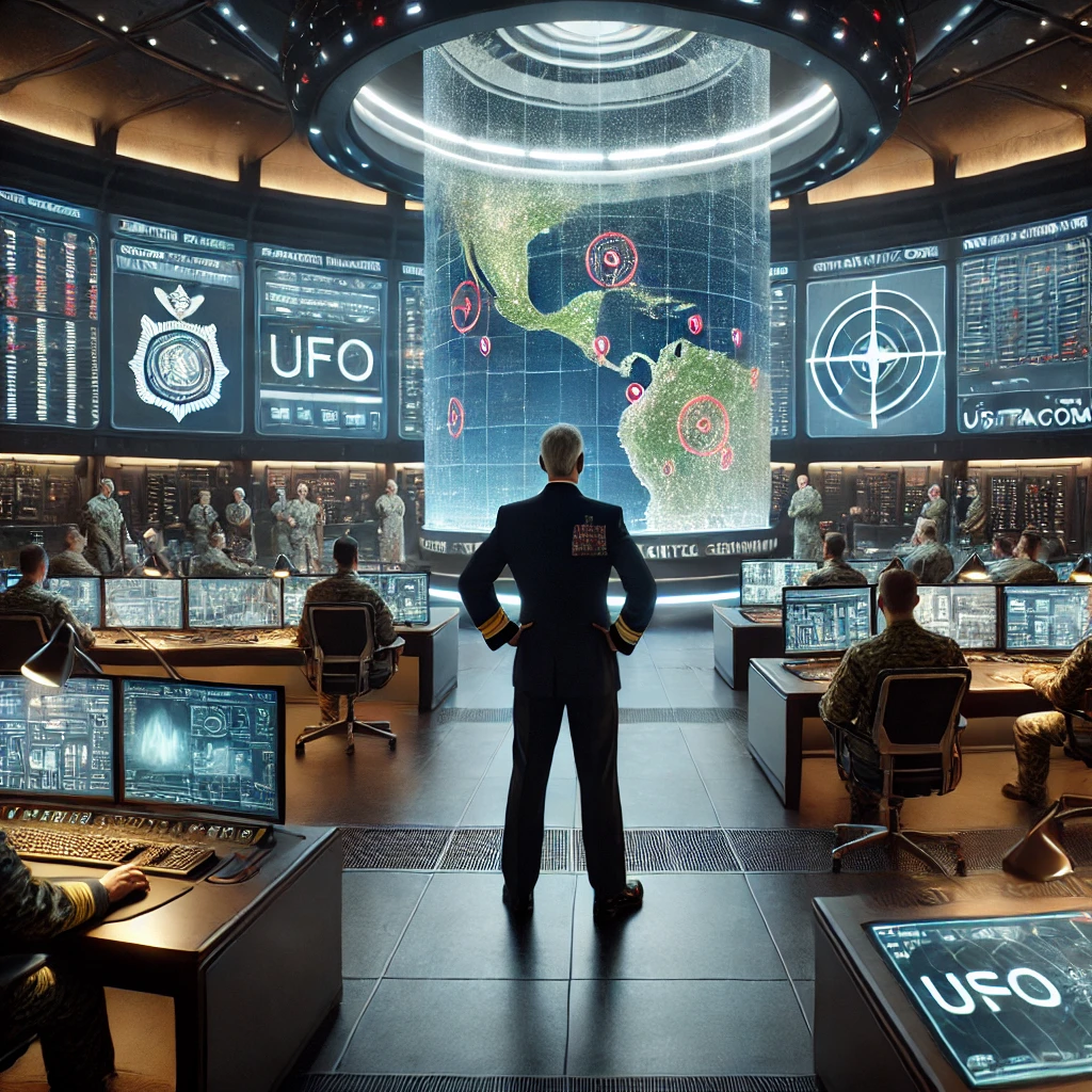 Dall·e 2024 11 04 11.48.59 A Photo Realistic Image Of A High Tech Command Center Interior At United States Strategic Command (usstratcom), Centered On An Admiral As The Key Figu