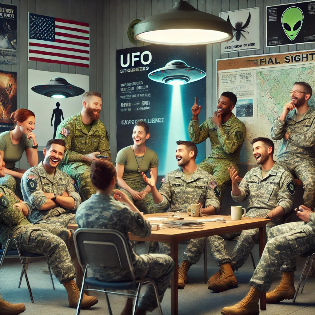 Dall·e 2024 11 01 11.12.39 A Casual Scene Depicting Military Personnel Engaged In Relaxed Conversation About Extraterrestrial Encounters. The Setting Is An Informal Military Bri