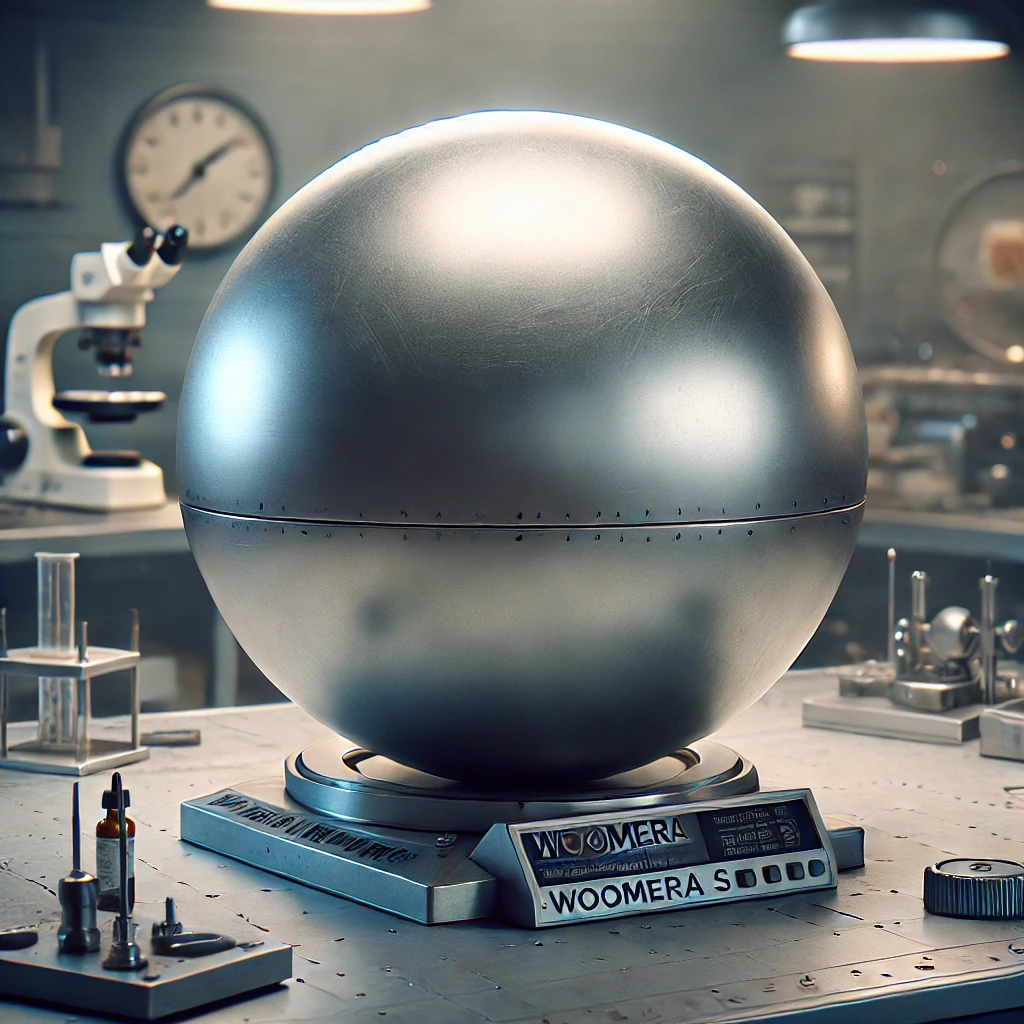 Dall·e 2024 11 27 14.56.35 A Photorealistic Depiction Of The Woomera Sphere Uap Allegedly Recovered In 1958 At The Woomera Weapons Test Range In Australia. The Sphere Is Approxi