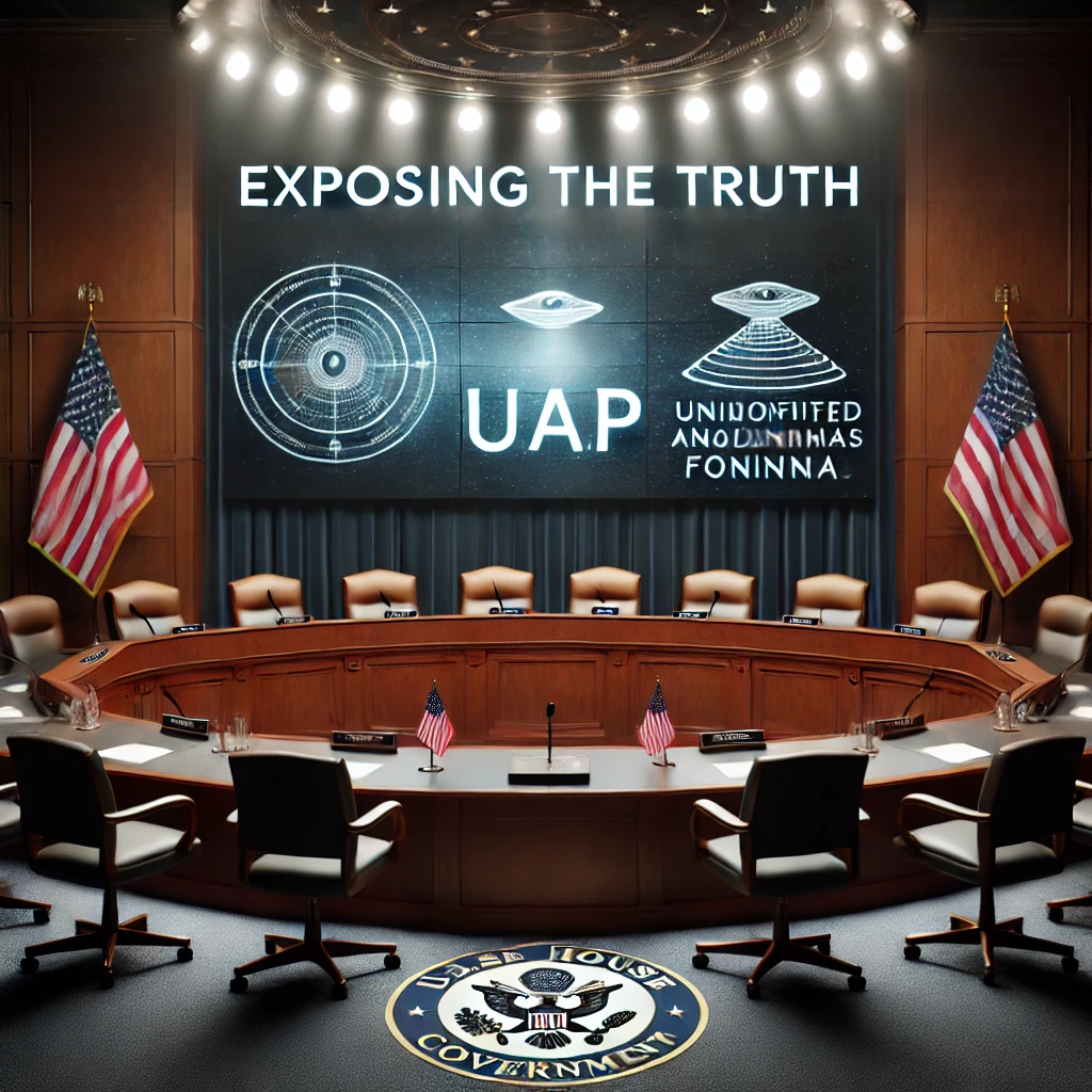 Dall·e 2024 11 12 00.33.41 A Realistic, Detailed 3d Rendering Of A U.s. House Oversight Committee Hearing Room Set Up For A Testimony On Unidentified Anomalous Phenomena (uap).