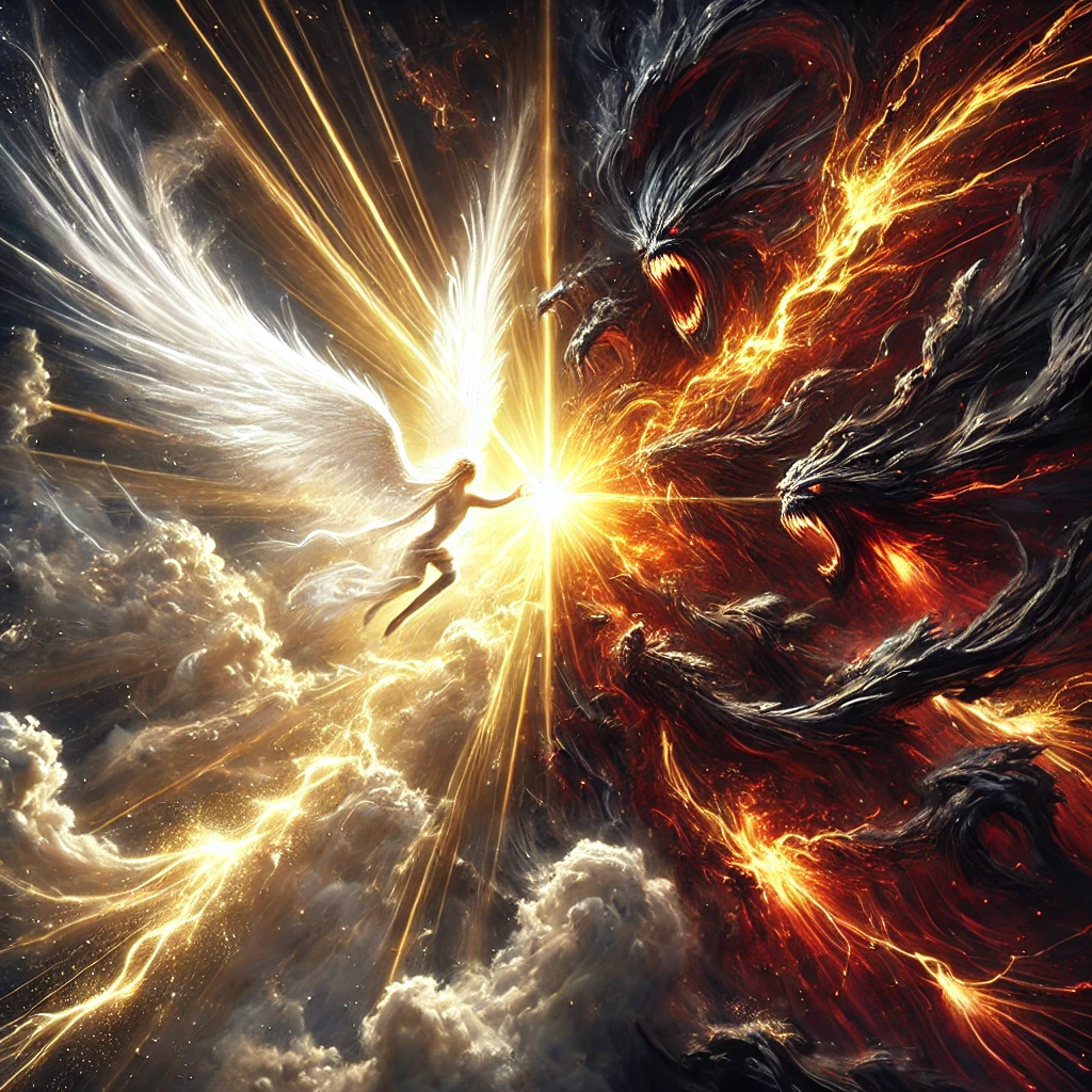 Dall·e 2024 12 19 11.28.48 A Photorealistic Close Up Depiction Of Light And Darkness In A Dramatic Celestial Battle. On One Side, Radiant Golden And White Beams Of Light Represe