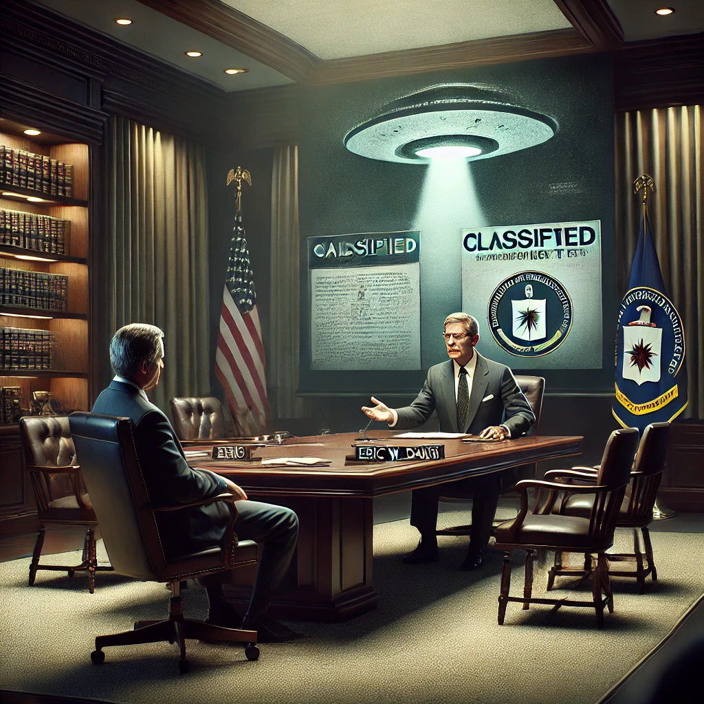 Dall·e 2024 12 13 01.19.26 A Photorealistic Depiction Of A Formal Briefing Room With Eric W. Davis Presenting Classified Ufo Related Documents On A Table. George H. W. Bush, Dep