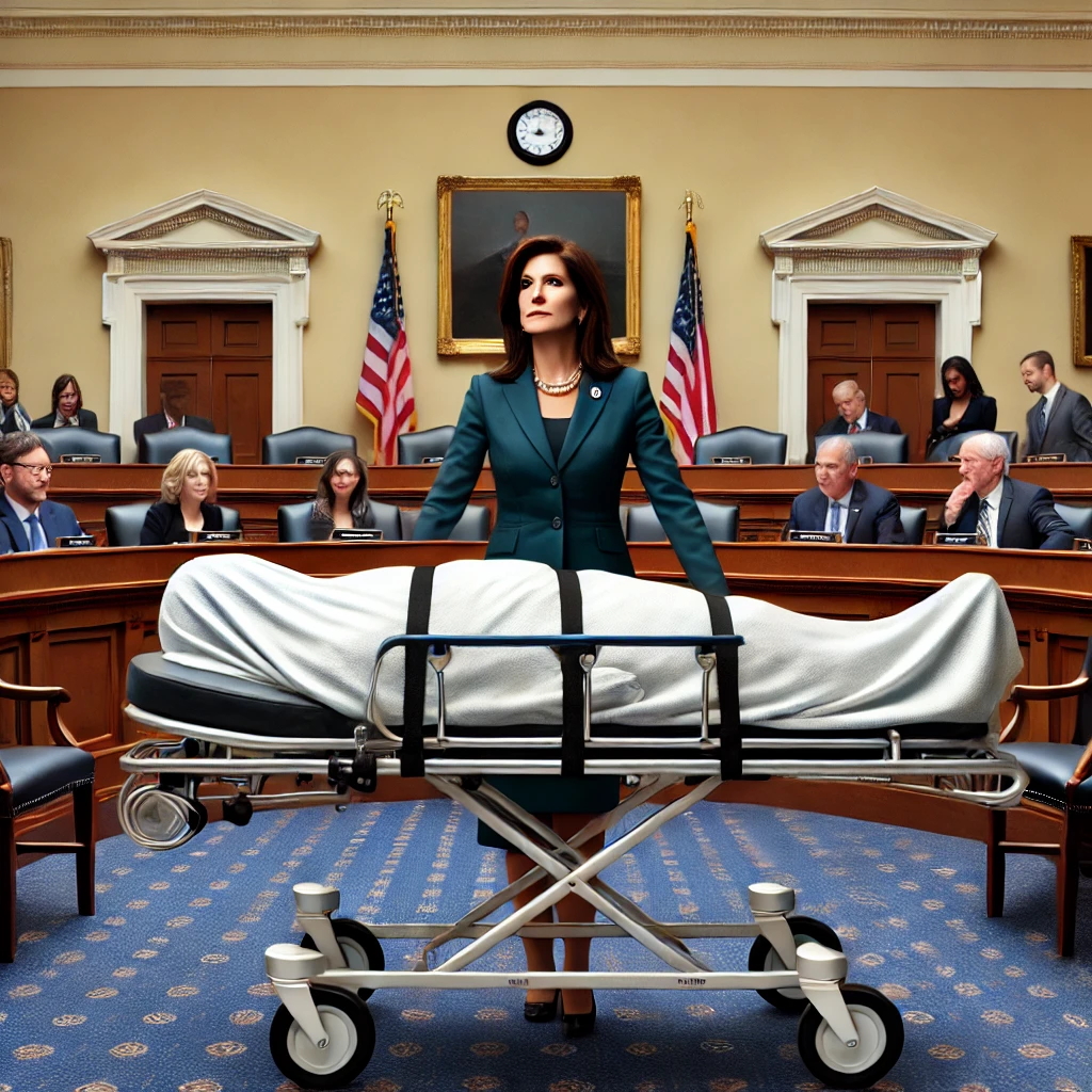 Dall·e 2024 12 07 01.11.38 A Photorealistic Depiction Of Representative Nancy Mace In A Congressional Setting, Confidently Rolling A Hospital Gurney With A Mysterious, Covered F