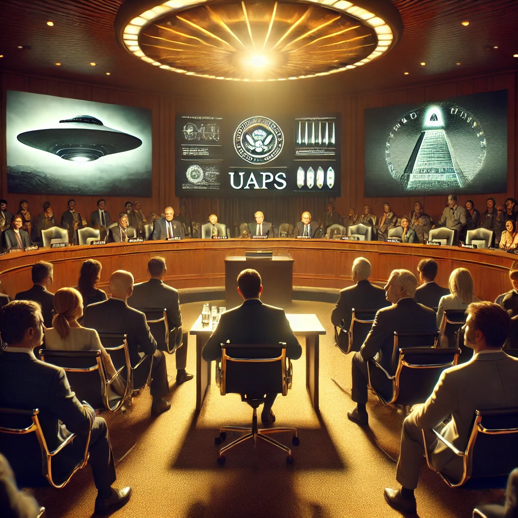 Dall·e 2024 12 04 23.18.51 Create A Photorealistic Depiction Of A Tense Congressional Hearing On Uaps. The Scene Should Show A Modern Conference Room With High Profile Figures,