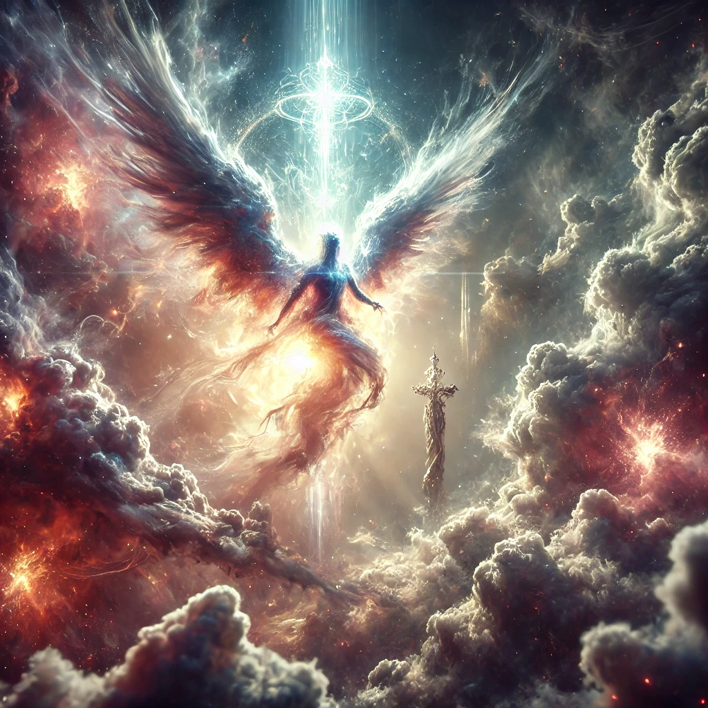 Dall·e 2024 12 30 13.20.01 A Photorealistic Depiction Of A Celestial Battle In The Skies, Symbolizing Spiritual Warfare As Described In The Jezebel Spirit Article. The Image Fea