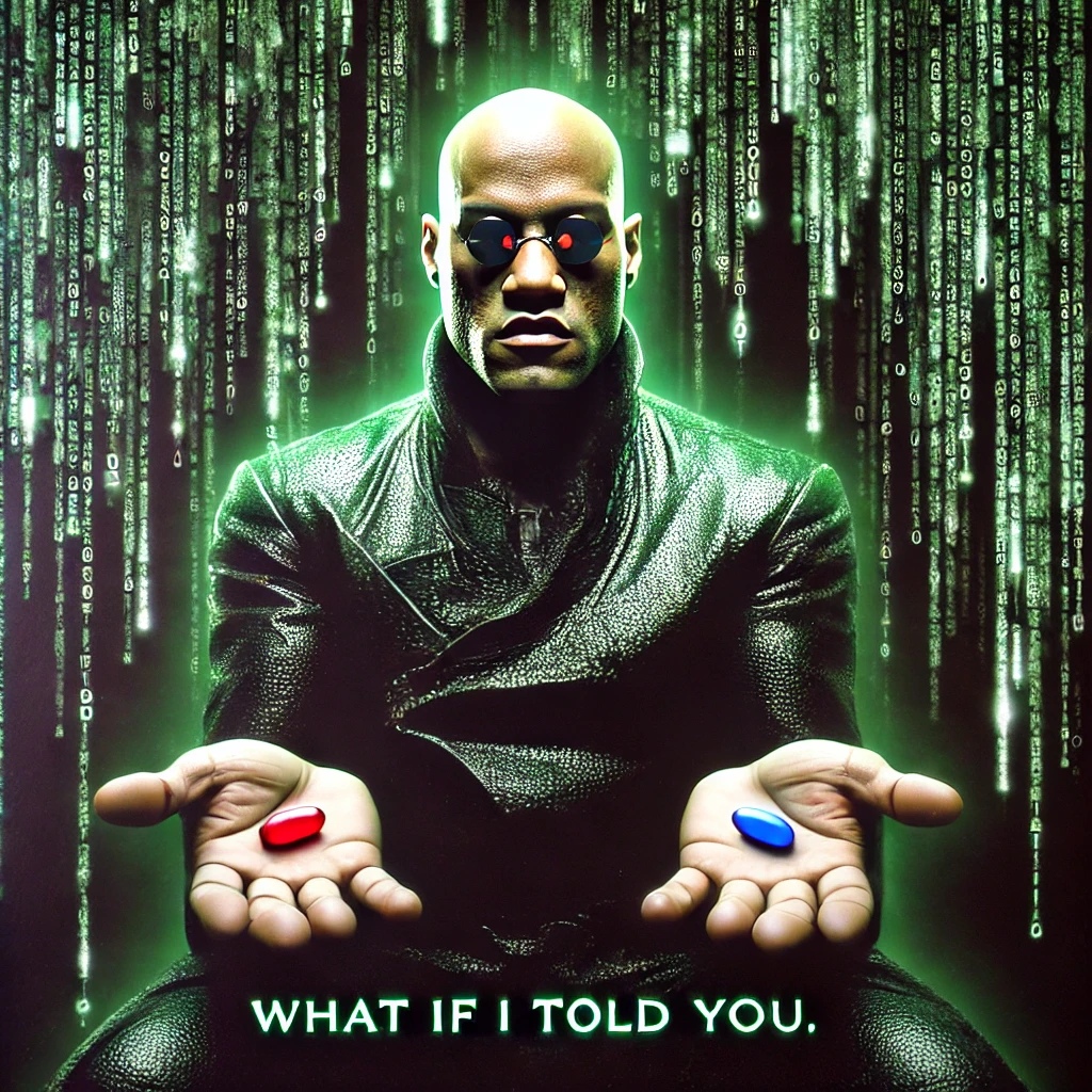 Dall·e 2024 12 04 11.18.52 A Photorealistic Depiction Of Morpheus From The Matrix, Sitting In A Dimly Lit, Futuristic Room With A Red And Blue Pill Prominently Displayed In His