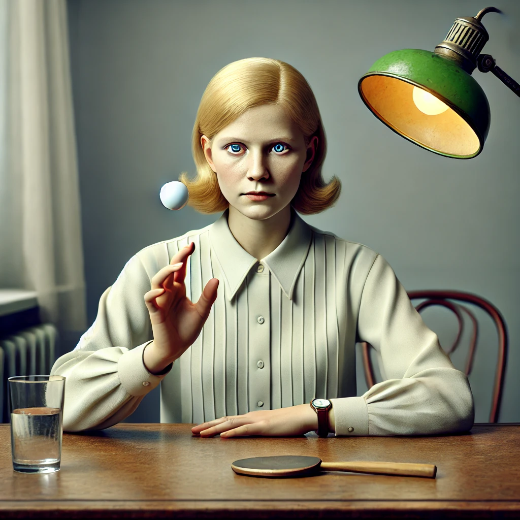 Dall·e 2024 12 07 21.06.39 A Photorealistic Depiction Of Nina Kulagina, A Russian Woman From The 1960s, Demonstrating Psychokinetic Abilities. She Is Seated At A Table In A Mode