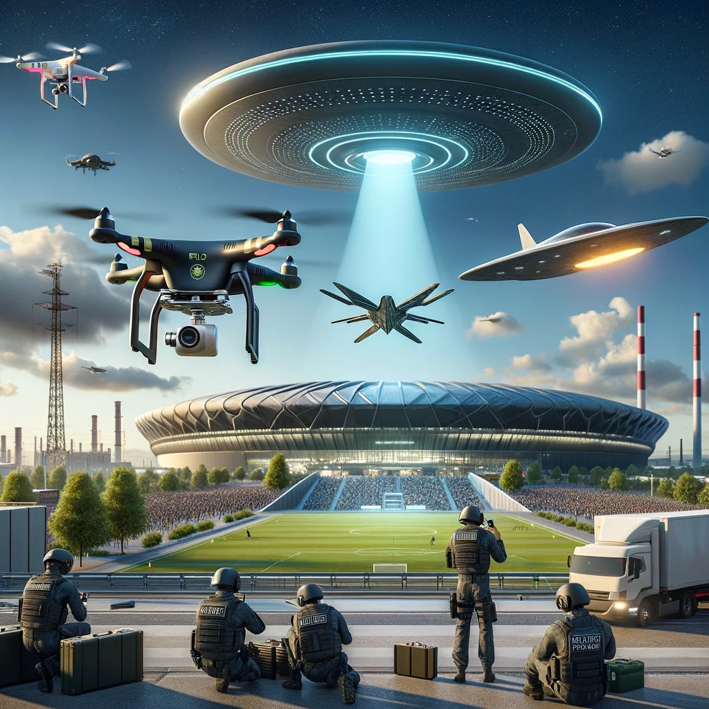 Dall·e 2024 12 10 01.04.38 A Photorealistic Scene Featuring Three Distinct Types Of Aerial Vehicles In The Sky Over A Modern City A Retail Quadcopter Drone Commonly Used For Re