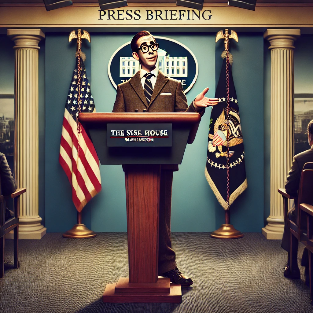 Dall·e 2024 12 12 21.37.09 A Humorous And Satirical Scene Inspired By A Press Briefing, Featuring A Man In A Regular Suit Standing At A Podium. He Is Presenting In An Exaggerate