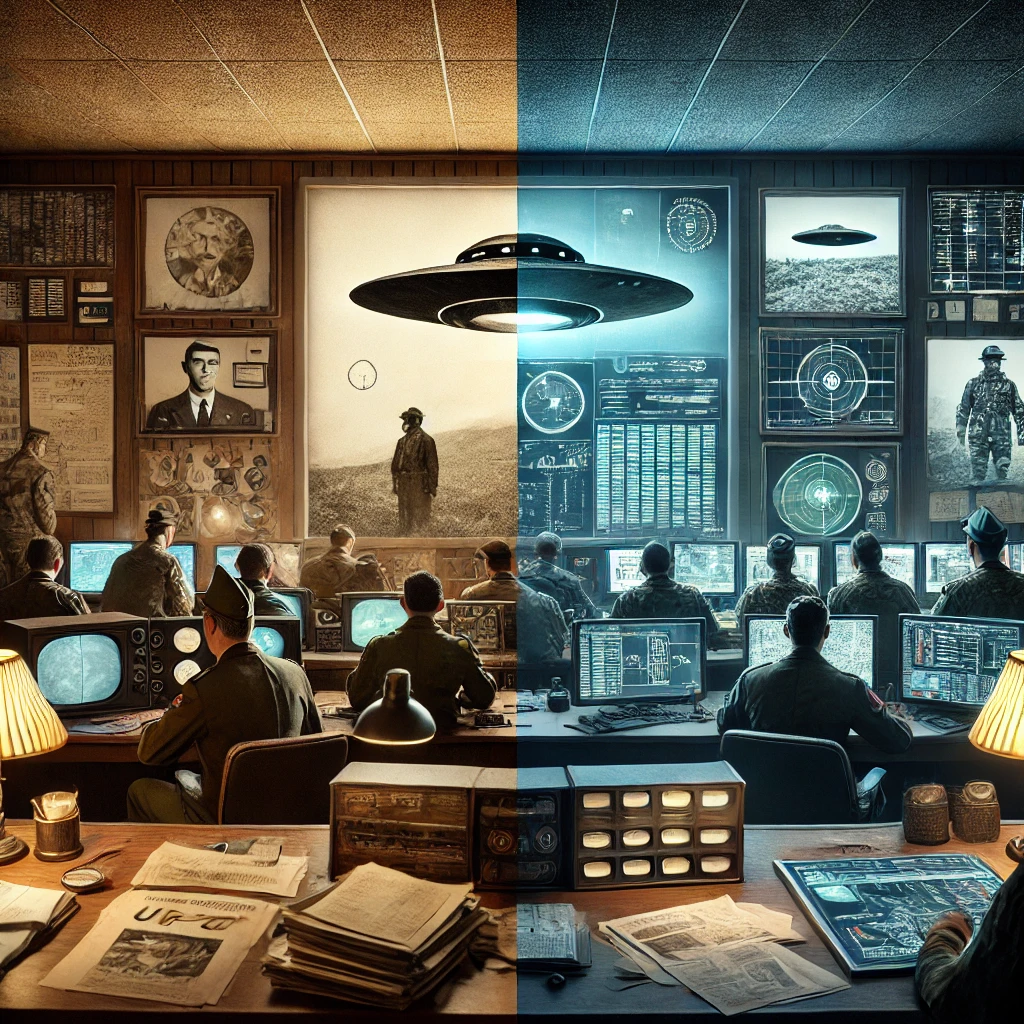 Dall·e 2024 12 13 15.09.46 A Photorealistic Split Screen Depiction Contrasting Old And Modern Technology In Ufo Investigations. The Left Side Shows A Vintage 1950s Setting With