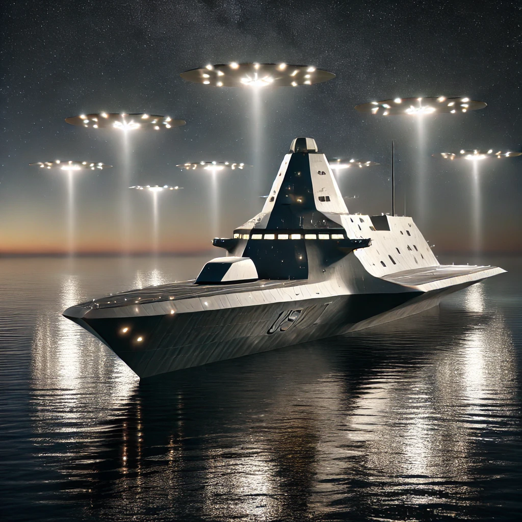 Dall·e 2024 12 09 12.12.31 A Photorealistic Image Of The Uss Zumwalt, A Modern U.s. Navy Stealth Destroyer. The Ship Has A Futuristic, Angular Hull And A Flat, Minimal Superstru