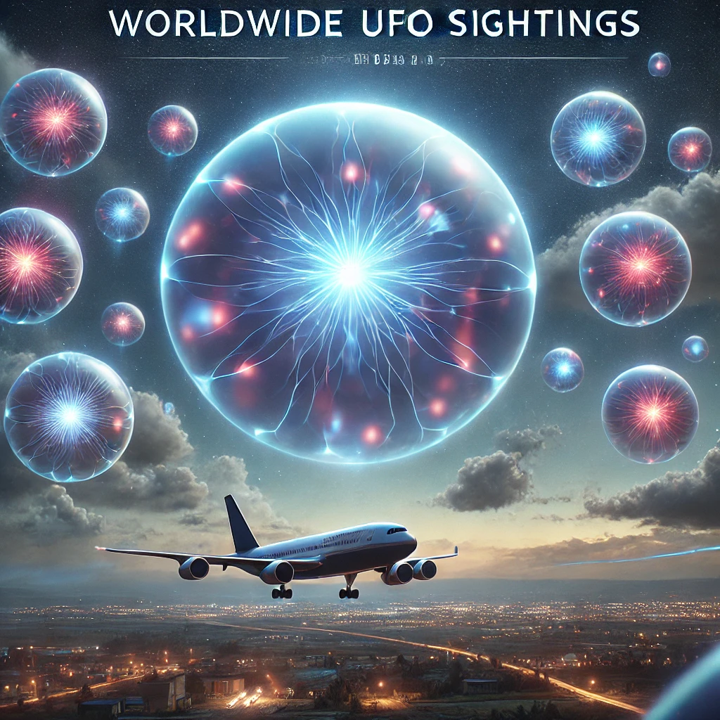 Dall·e 2024 12 16 12.47.44 A Photorealistic Night Sky Scene Showcasing Spherical Ufos With A Plasma Like Glow, Radiating Soft, Shifting Colors (blue, Red, And White). Some Ufos