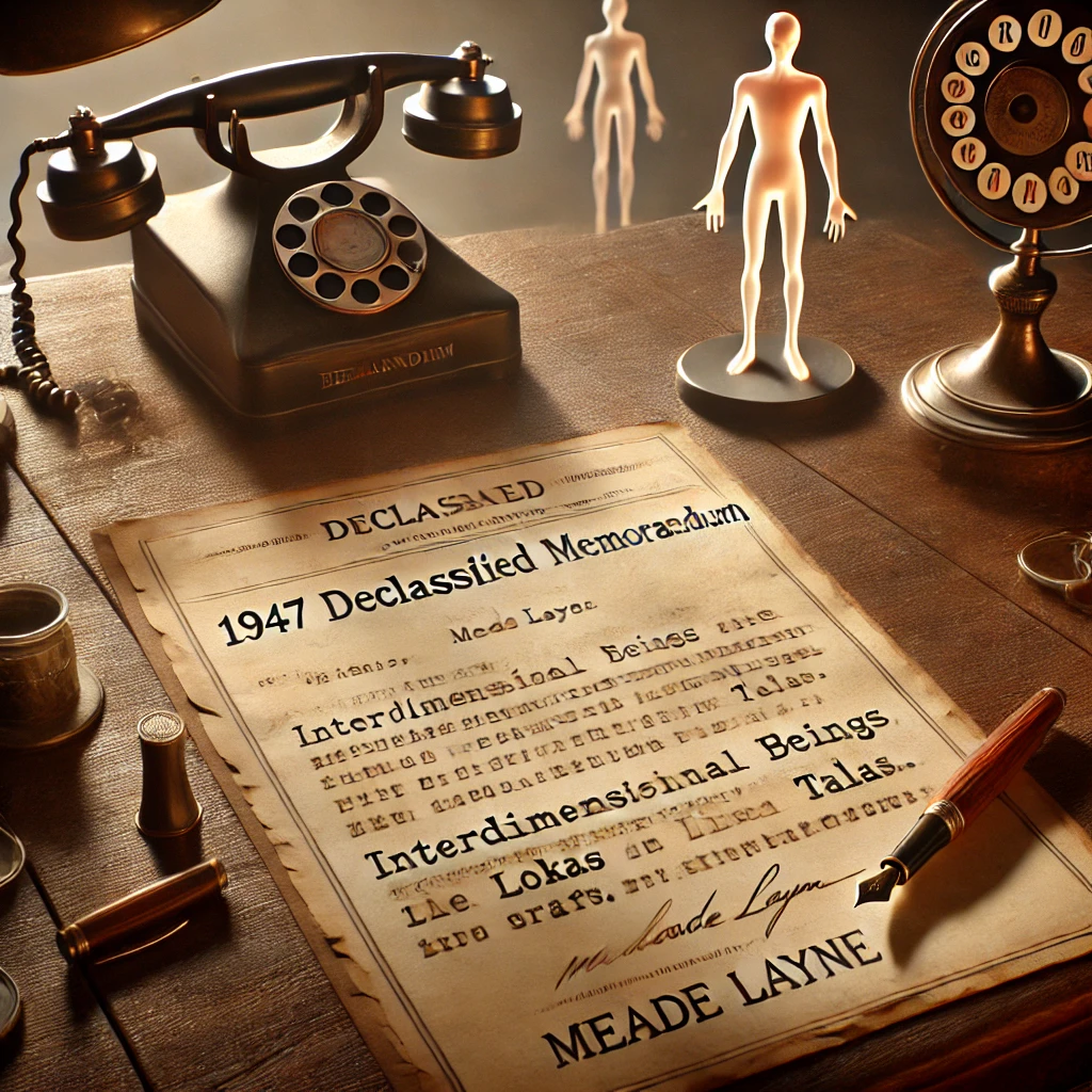 Dall·e 2025 01 10 00.14.25 A High Quality, Photographic Depiction Of A 1947 Declassified Memorandum Attributed To Meade Layne, Displayed On A Vintage Wooden Desk. The Desk Featu