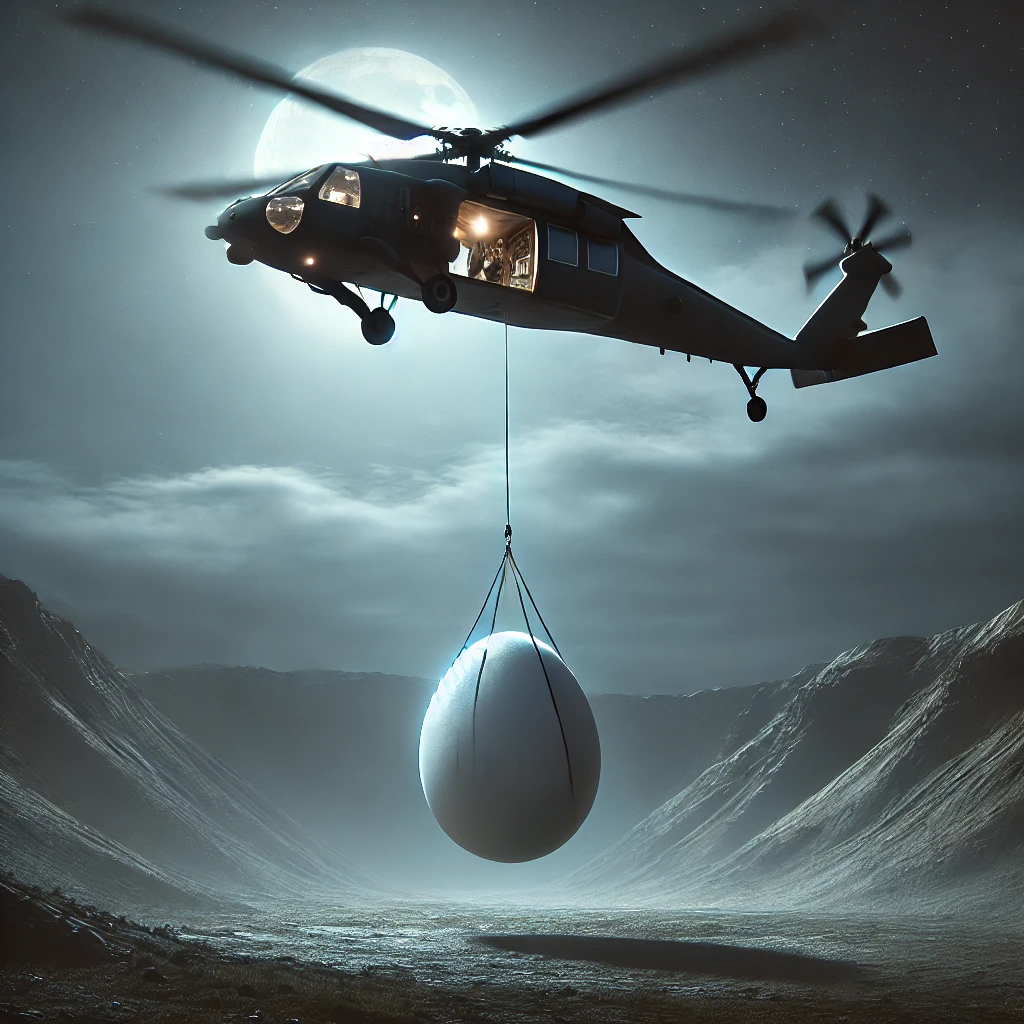 Dall·e 2025 01 16 01.28.04 A Photorealistic Image Of A Military Helicopter Hovering At Night, Carrying A Large, Mysterious, White Egg Shaped Object Beneath It Using A Longline A